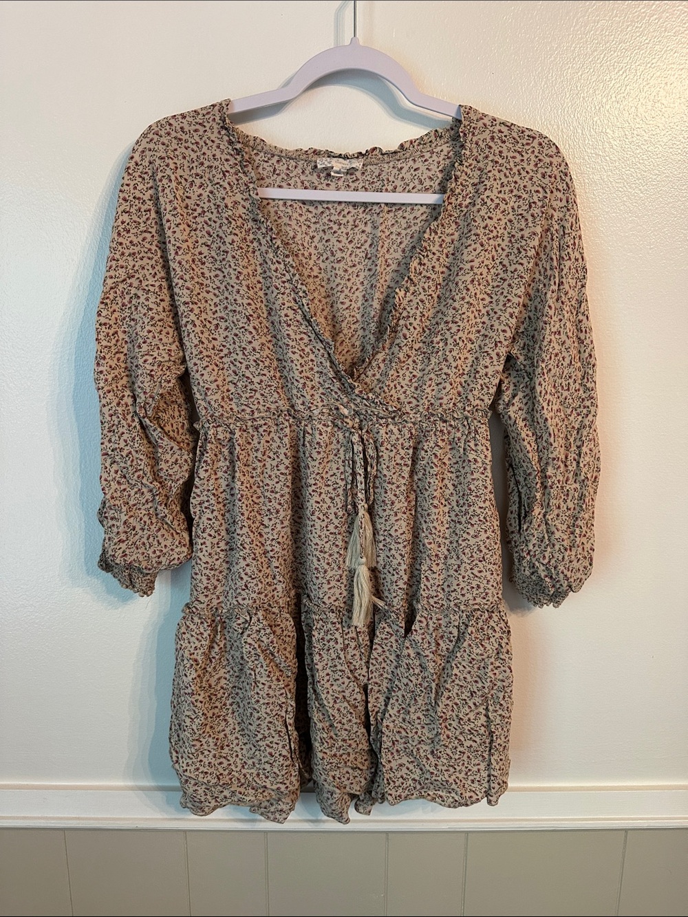 Endless Blu Floral Long Sleeve Mini Dress in Cream and Pink Size S
